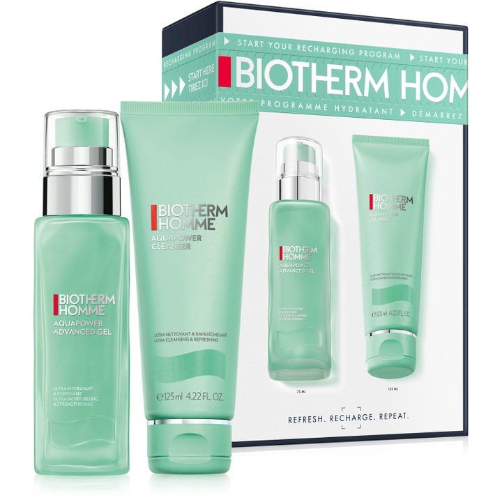 Biotherm Homme Aquapower paket med återfuktande ansiktsgel och ansiktsrengöring för män i mintgrön design.