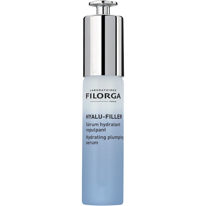 Filorga Hydra-Hyal Serum 30 ml återfuktande ansiktsserum i blåtonad frostad glasflaska med silverpump
