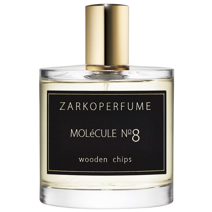 Zarkoperfume MOLéCULE No. 8 Wooden Chips 100 ml molekylparfym med tränoter i glasflaska med svart etikett och guldkork