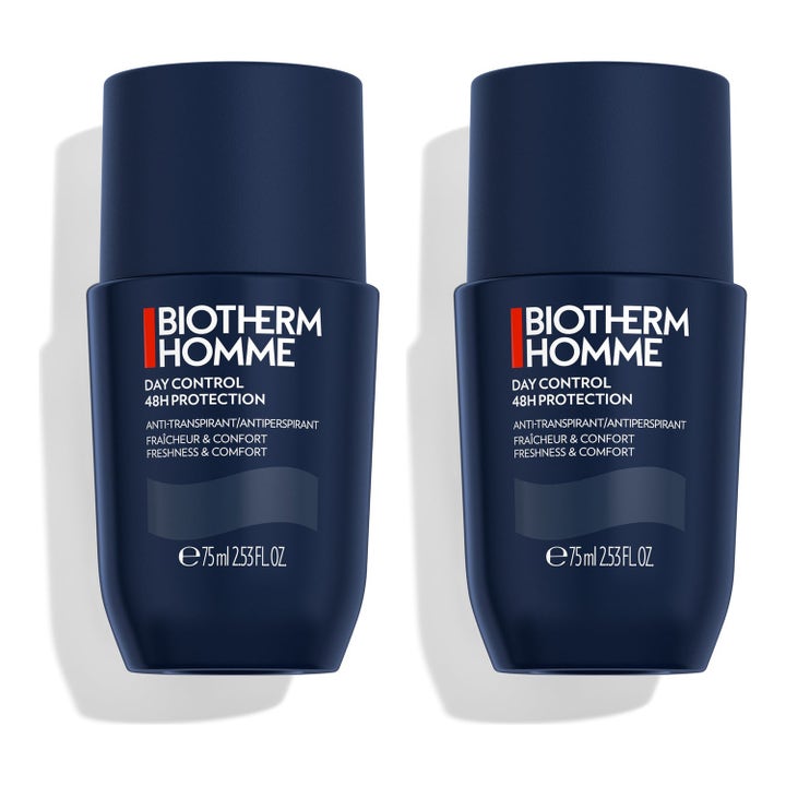 Biotherm Homme Day Control 48H Protection 75 ml antiperspirant duo som ger långvarig fräschör i mörkblå roll-on flaskor