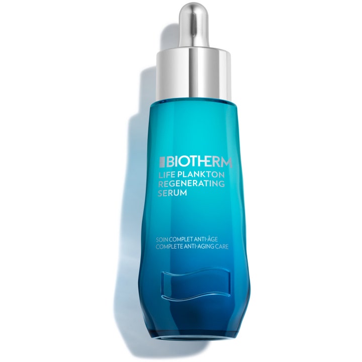 Biotherm Life Plankton Regenerating Serum 50 ml ger anti-age regenerering i en blåtonad glasflaska med silverpipett
