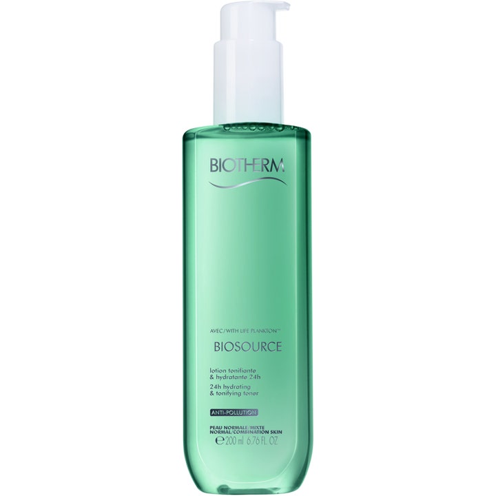 Biotherm Biosource Toner 200 ml rengörande ansiktsvatten i en grön genomskinlig flaska med vit pump.