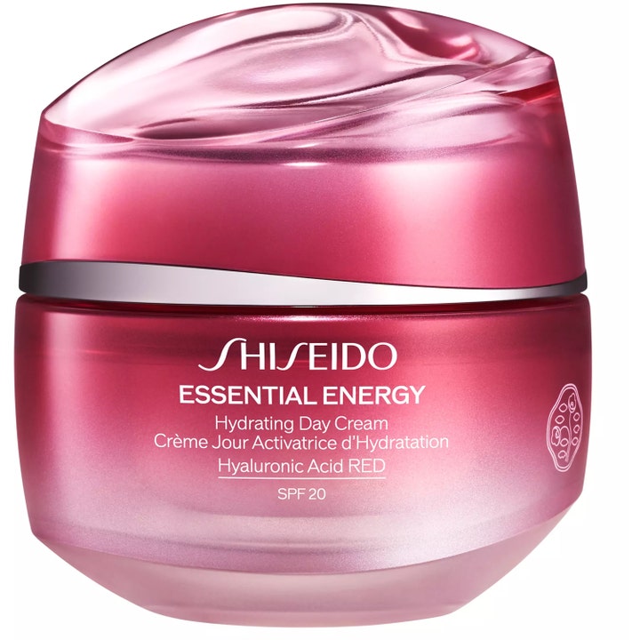 Shiseido Essential Energy 50ml dagkräm med spf 20 och hyaluronsyra i en rund rosa glasburk med vågigt lock.