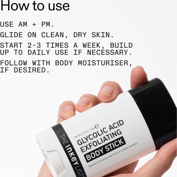 The INKEY List Glycolic Acid Exfoliating Body Stick 45 g bodystick med instruktioner för smidig hudvård.