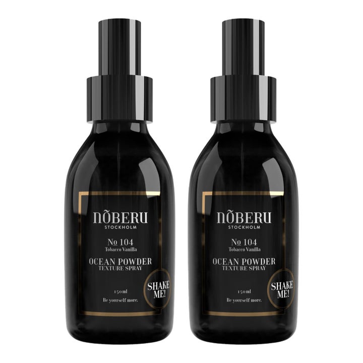 Nõberu Stockholm Ocean Powder Duo 2 x 150 ml saltvattenspray för textur i två svarta flaskor med gulddetaljer
