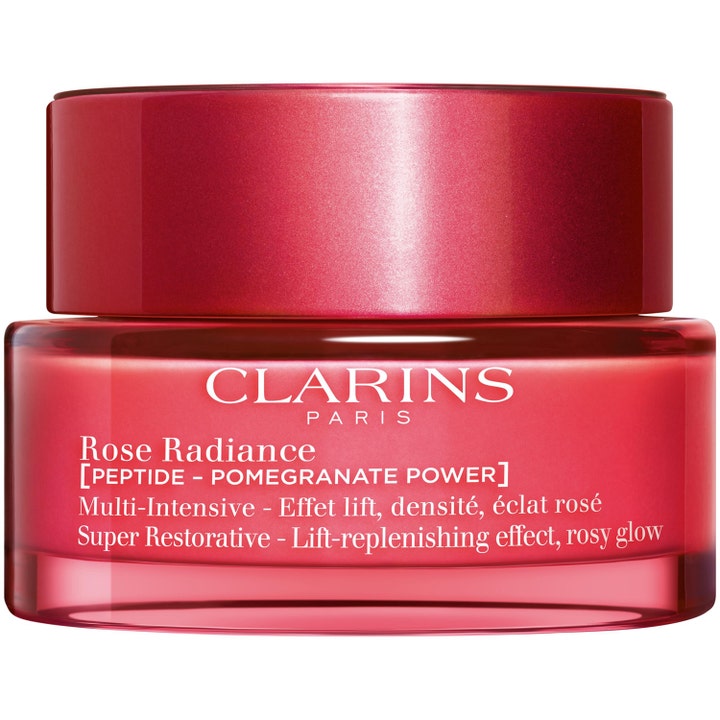 Clarins Rose Radiance 50 ml lyster ansiktskräm med peptid som ger glow i röd glasburk med matchande lock.