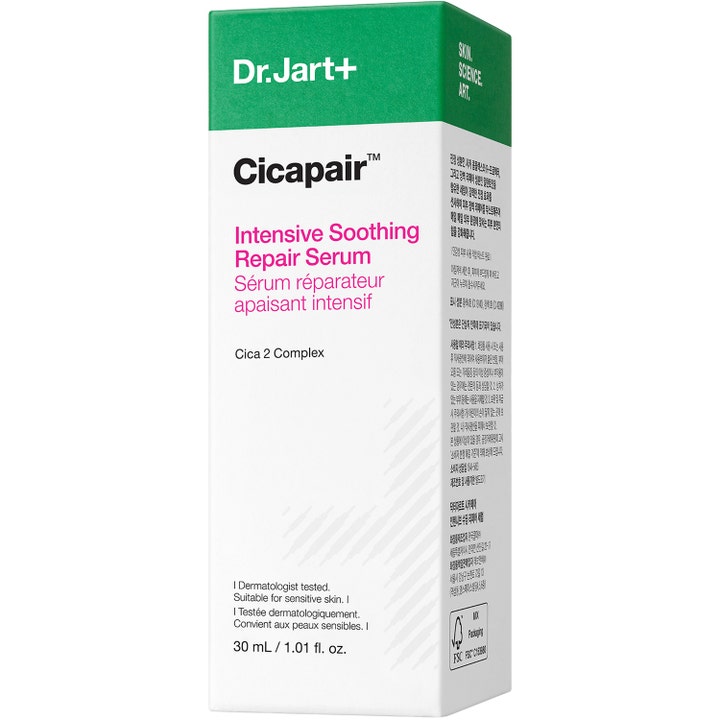 Dr.Jart+ Cicapair Intensive Soothing Repair Serum 30 ml fuktgivande cica serum i vit och grön ytterförpackning.
