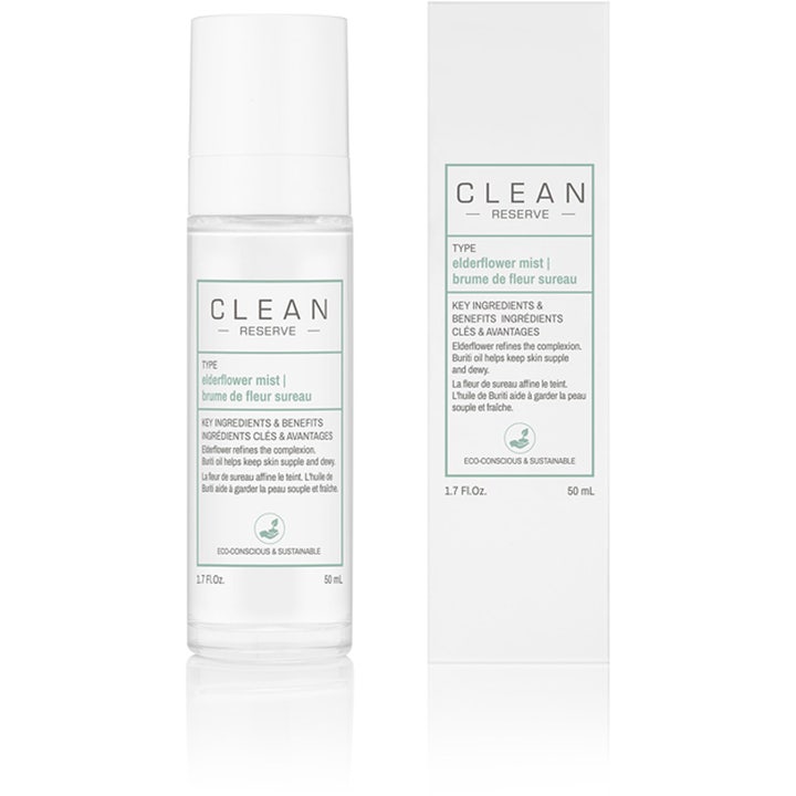CLEAN Reserve Elderflower Mist 50 ml återfuktande ansiktsspray clean beauty som ger lyster i klar flaska och vit kartong