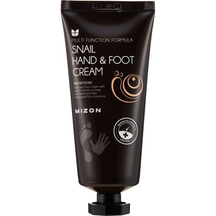 Mizon Hand And Foot Cream Snail 100 ml dermatologiskt testad återfuktande handkräm i brun tub med snigelmotiv
