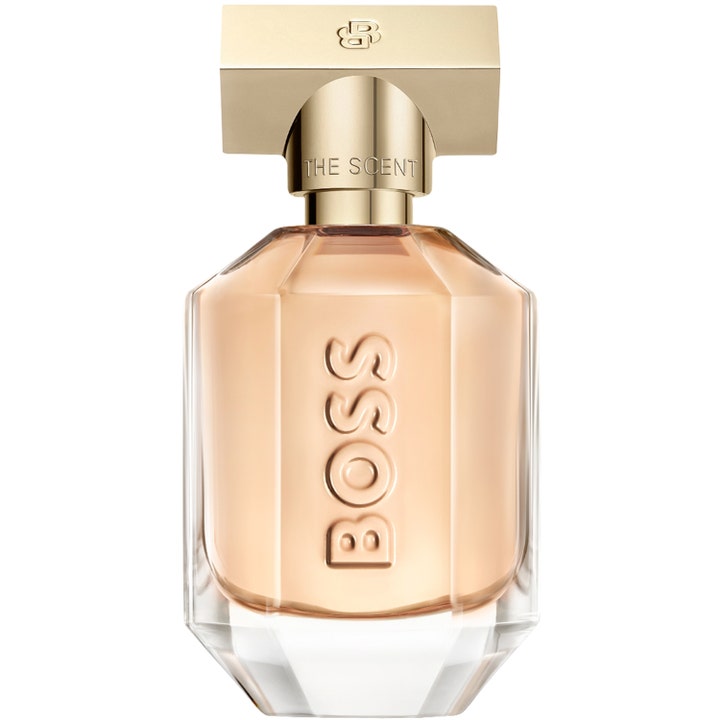 Hugo Boss Boss The Scent For Her 30 ml eau de parfum i facetterad glasflaska med persikofärgad vätska och guldlock