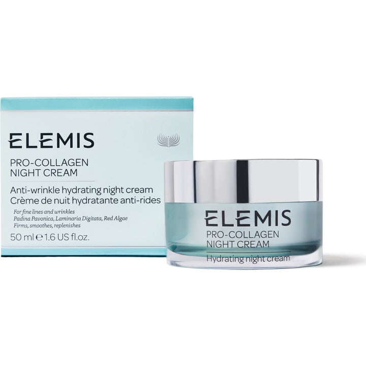 Elemis Pro-Collagen Night Cream 50 ml återfuktande nattkräm i ljusblå glasburk med silverlock och ytterkartong.