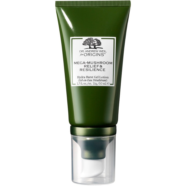 Origins Mega-Mushroom Hydra Burst 50 ml anti-stress återfuktande ansiktskräm med reishi i mörkgrön tub med pump.