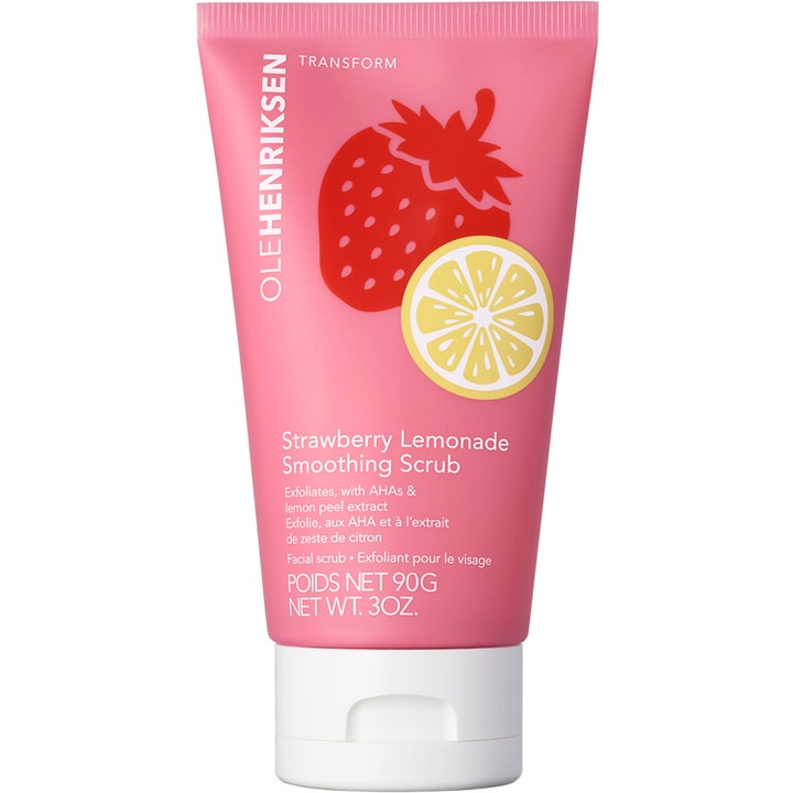 Olehenriksen Strawberry Lemonade Smoothing Scrub 90g aha-skrubb i rosa tub för naturlig peeling med lyster.