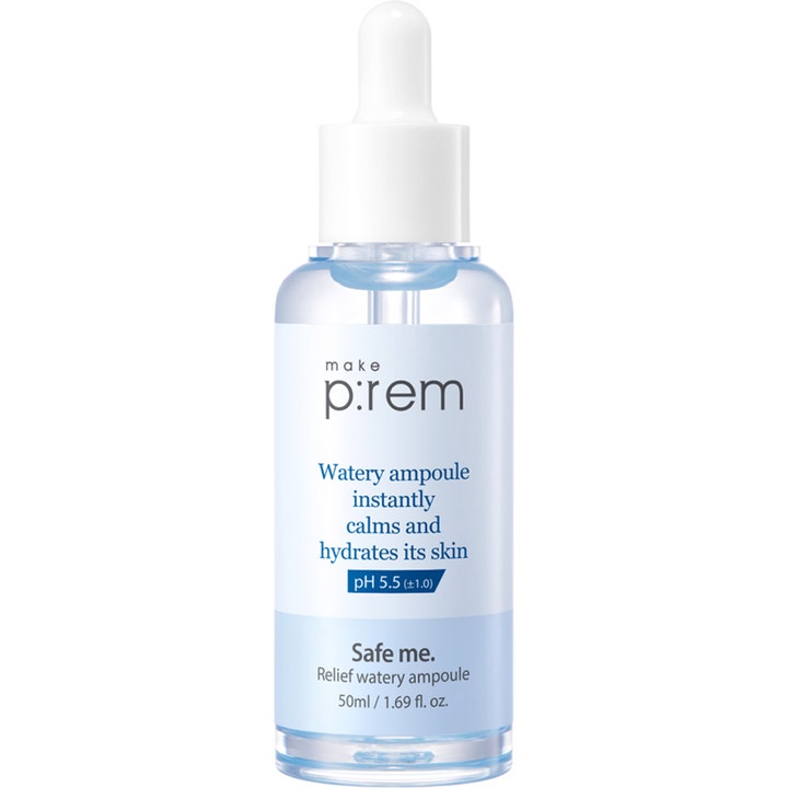 Make Prem Safe me. Relief watery ampoule 50ml är ett svalkande Make Prem återfuktande serum i glasflaska med vit pipett.