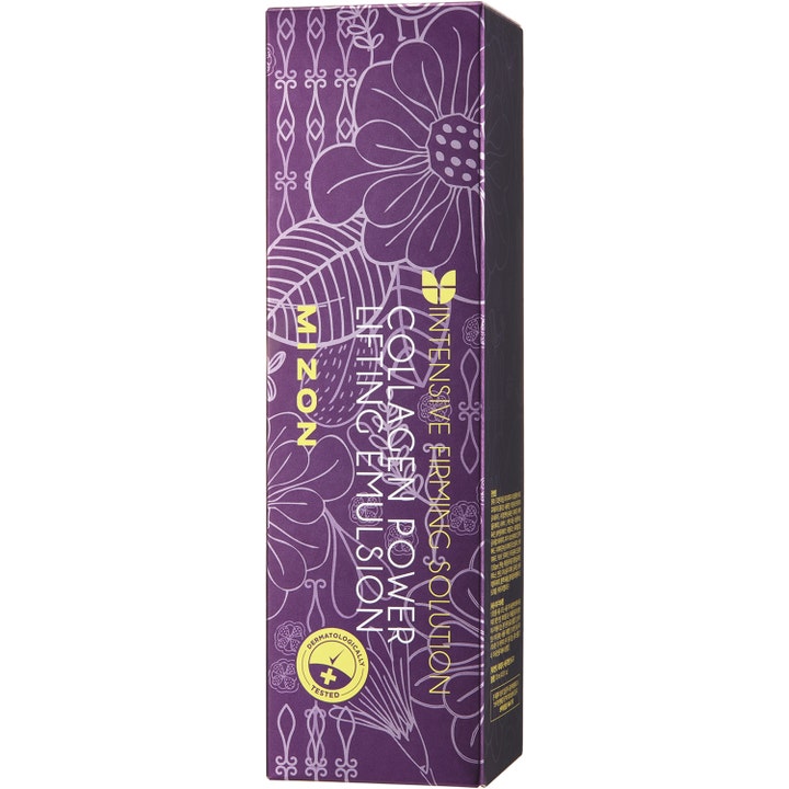 Mizon Collagen Power Lifting Emulsion 120 ml dermatologiskt testad kollagen emulsion i lila blommig box.
