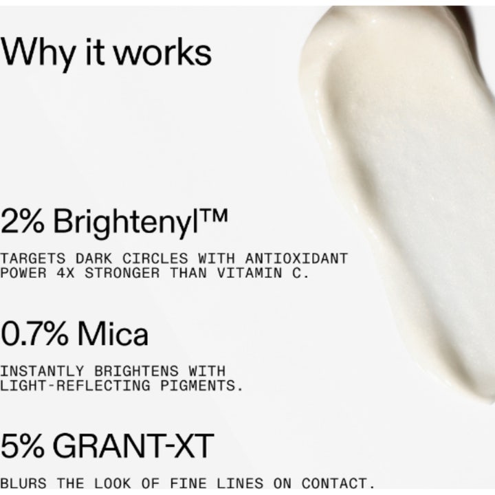 The INKEY List Brighten-i Eye Cream 15 ml illuminerande ögonkräm i vit tub med en klick kräm på toppen