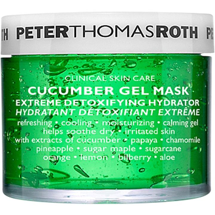 Peter Thomas Roth Cucumber Gel Mask detoxifierande gelmask som ger fukt i en genomskinlig burk med bubblig grön gel.