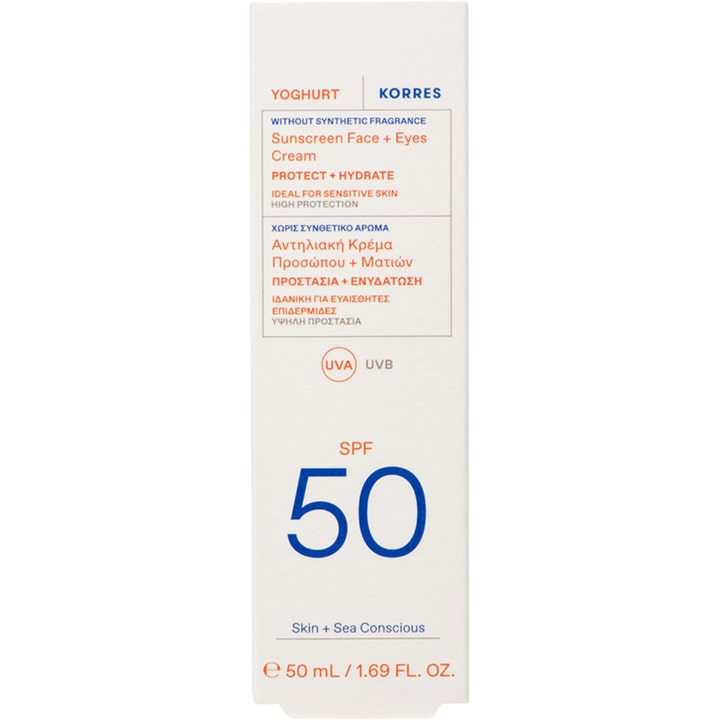 KORRES Yoghurt Face + Eyes Sunscreen 50 ml återfuktande solskydd för ansikte och ögon i vit ytterkartong med SPF 50.