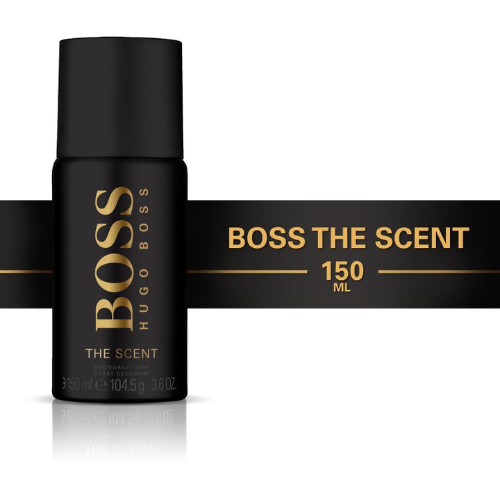 Hugo Boss Boss The Scent 150 ml deodorant spray i svart flaska med gulddetaljer som ger en manlig doft