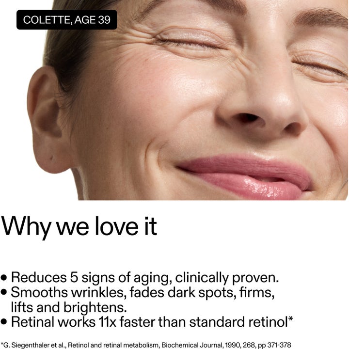 The INKEY List Advanced Retinal Serum 15 ml mot rynkor på en kvinna som ler och visar hudens struktur.