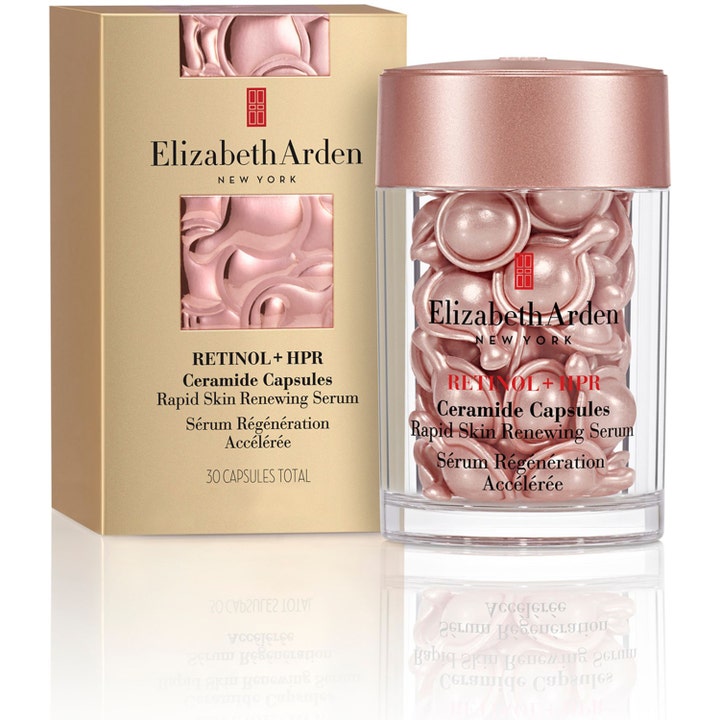 Elizabeth Arden Ceramide Capsules Retinol + HPR Serum 30 st ceramidserum i guldbox och genomskinlig burk med rosa kapslar
