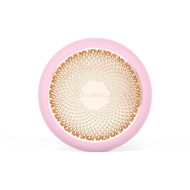 FOREO UFO 3 Pearl Pink ansiktsbehandling hemma anti-aging med ljusterapi i en rund rosa silikondesign