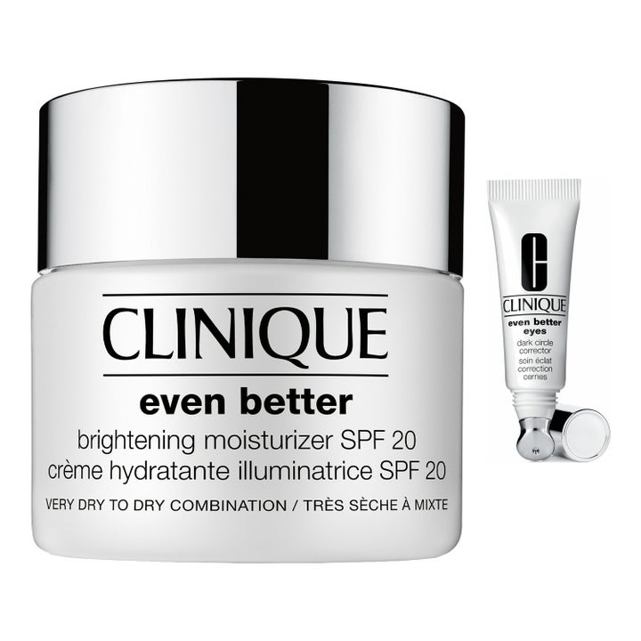 Clinique Even Better Brightening Moisturizer SPF 20 och Even Better Eyes lystergivande hudvård i vit burk och liten tub.