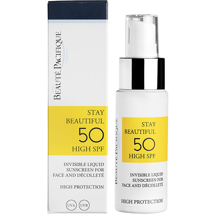 Beauté Pacifique Stay Beautiful 50 ml flytande solkräm ansikte i vit flaska med silverpump och matchande kartong.