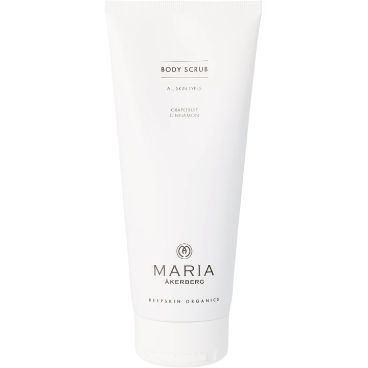 Maria Åkerberg Body Scrub exfolierande kroppsskrubb i vit tub med uppfriskande doft av grapefrukt och kanel.