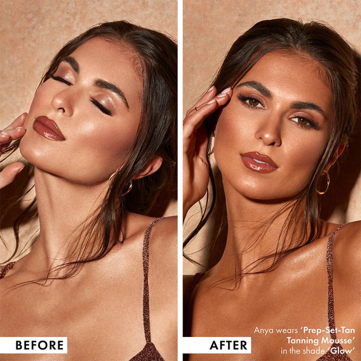 ICONIC London Tanning Mousse Prep Set Glow 150 ml ger lyster visas i en före- och efterbild i nyansen Glow