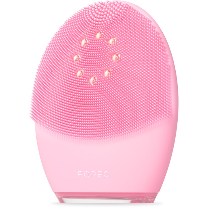 FOREO LUNA 4 plus Normal Skin 1 st mikroström ansiktsapparat för djuprengöring i rosa silikon med guldiga punkter