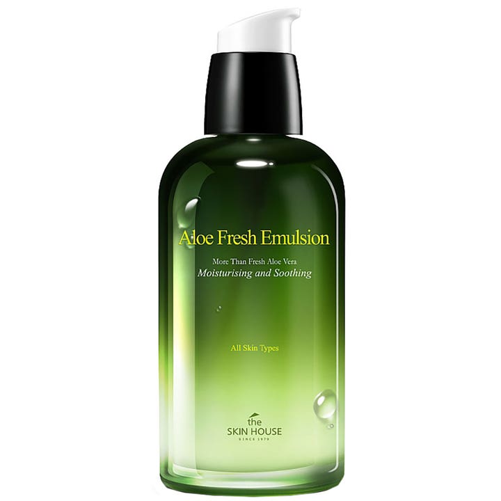 The Skin House Aloe Fresh Emulsion 130ml lugnande aloe vera lotion i grön flaska för alla hudtyper känslig hud.