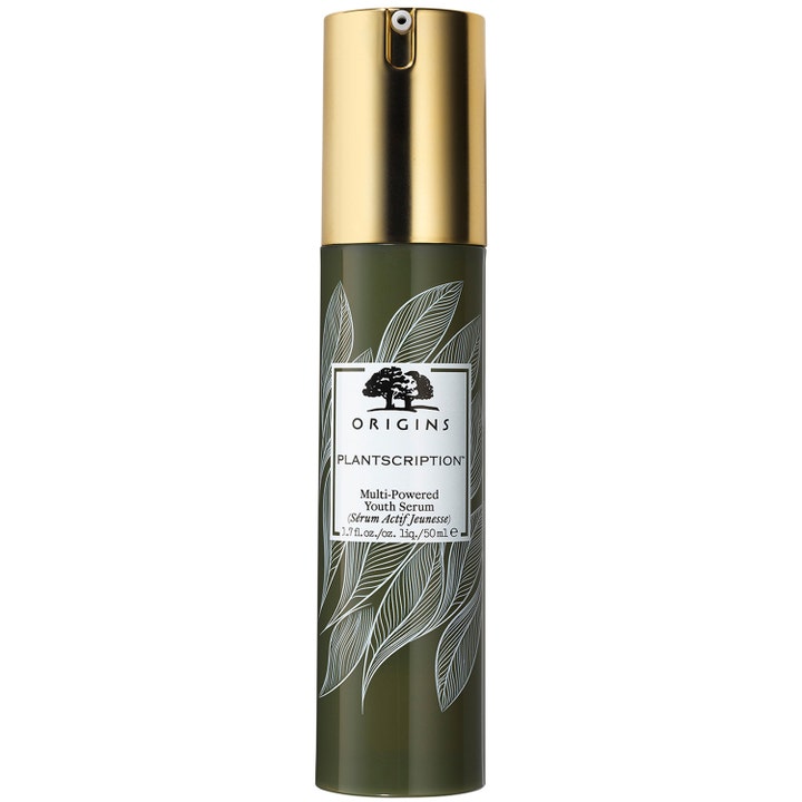 Origins Plantscription Multi-Powered Youth Serum 50 ml ger lyster i mörkgrön flaska med vitt bladmönster och guldpump.