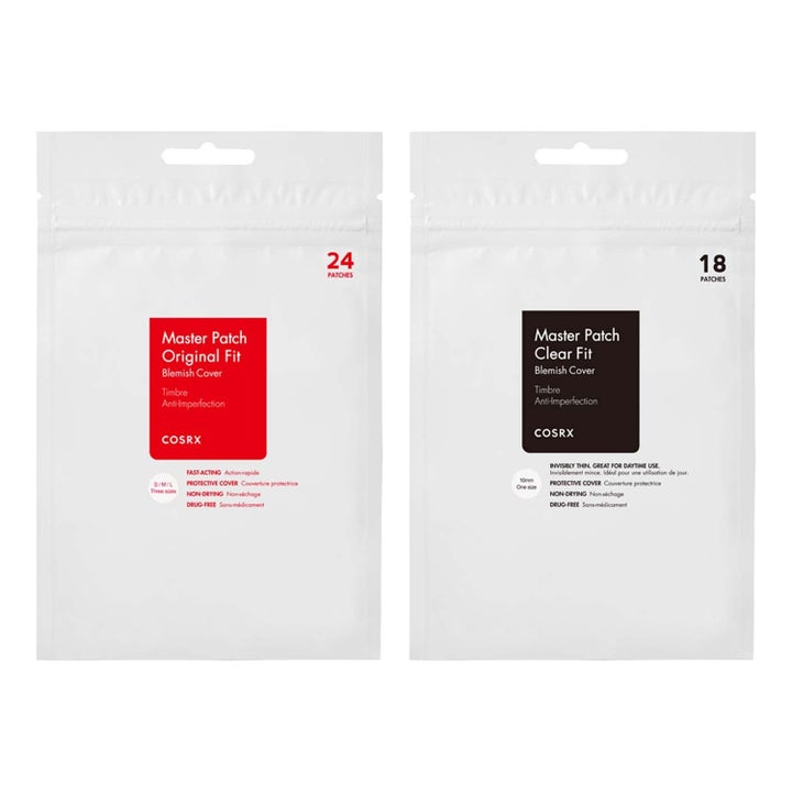 COSRX Master Patch Set med hydrokolloid plåster för aknebehandling hudvård i vita och röda plastförpackningar.