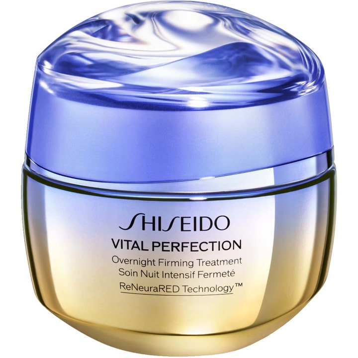 Shiseido Vital Perfection Overnight Firming Treatment uppstramande nattkräm i en lyxig guldblå glasburk med vågigt lock