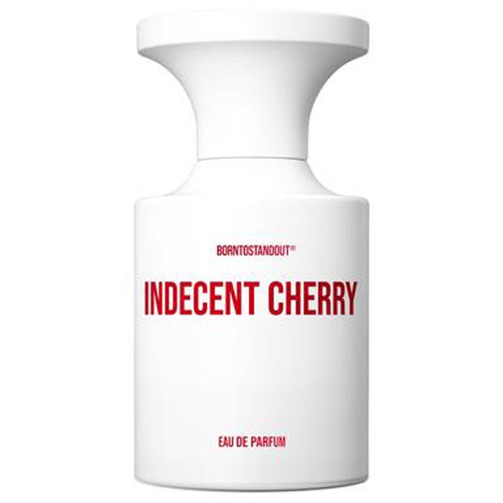 BornToStandOut Indecent Cherry 50ml körsbärsparfym i en minimalistisk vit flaska med röd text