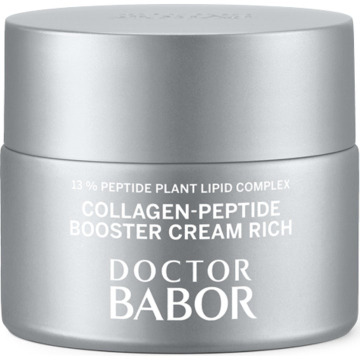 Doctor Babor Collagen-Peptide Booster Cream Rich för kollagenstöd i en lyxig silverfärgad glasburk