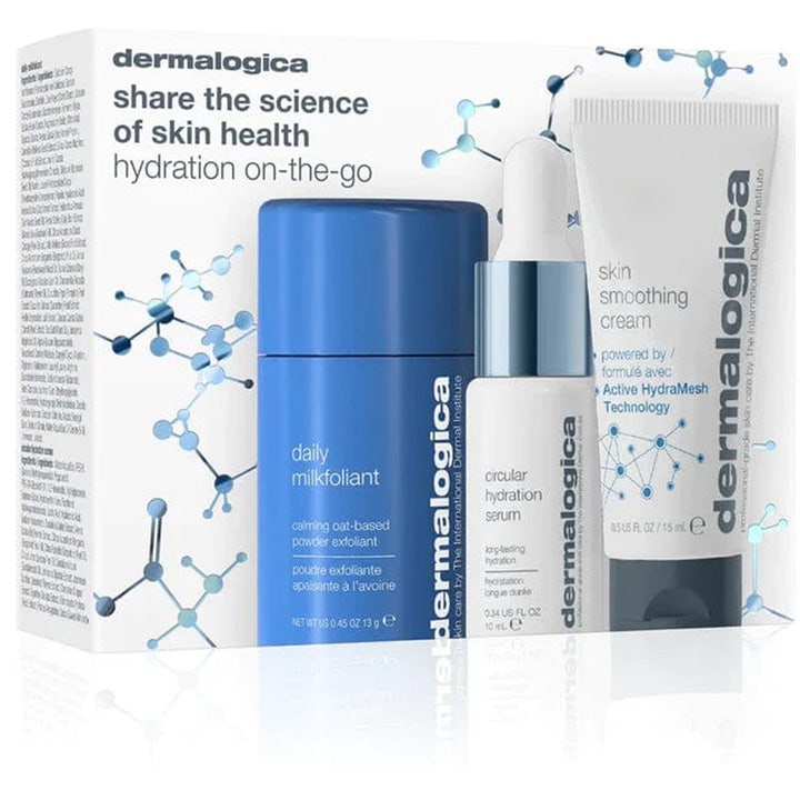 Dermalogica Hydration On-The-Go kit för optimal hudhälsa med återfuktande serum, kräm och exfoliering i blå och vit design.