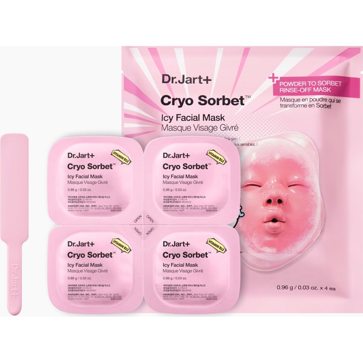 Dr.Jart+ Cryo Sorbet Icy Facial Mask 3 g svalkande ansiktsmask med vitamin B12, fyra rosa pods och en spatel.