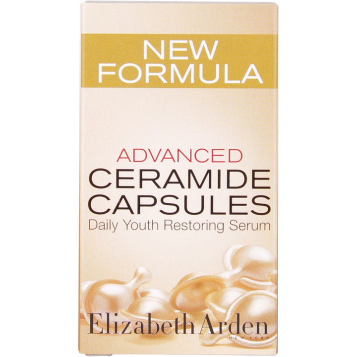 Elizabeth Arden Advanced Ceramide 30 kapslar anti age behandling i beige ask med texten New Formula