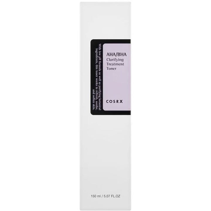 COSRX AHA/BHA Treatment 150 ml kemisk exfoliering i vit ytterförpackning med lila etikett som förnyar huden