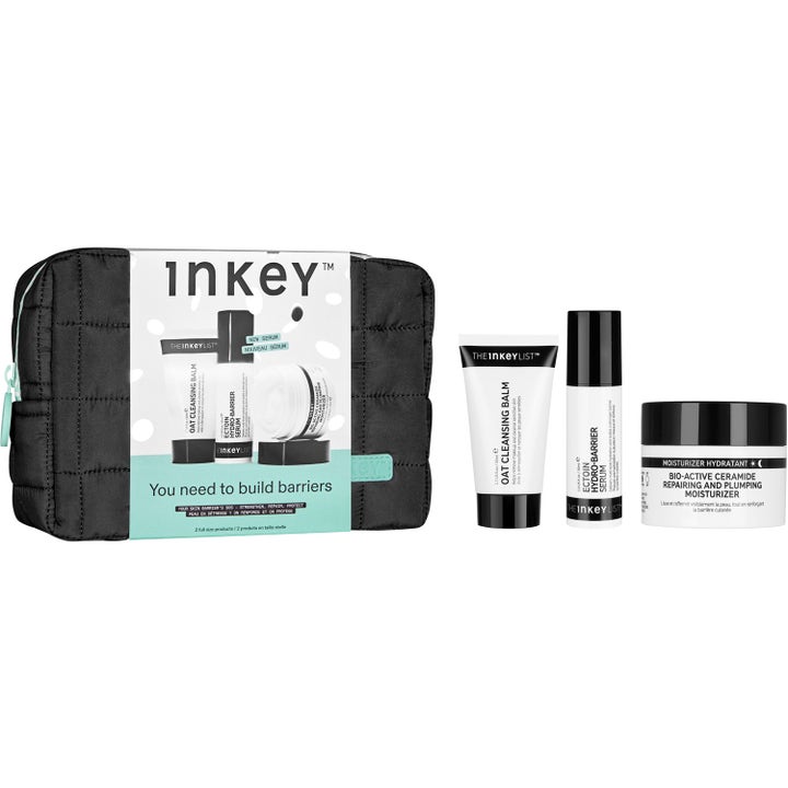 The INKEY List Your Skin Barrier's SOS 3 delar barriärstärkande hudvård i svart kviltad necessär med vita tuber och burk