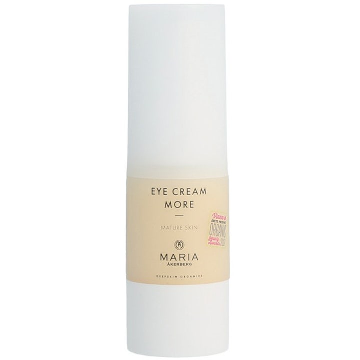 Maria Åkerberg Eye Cream More 15 ml uppstramande ögonkräm i vit cylindrisk pumpflaska med beige etikett