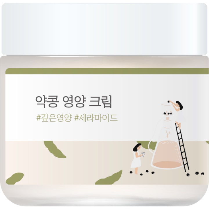 Round Lab Soybean Nourishing Cream ansiktskräm för torr hud med sojaböna i vit burk med illustration.