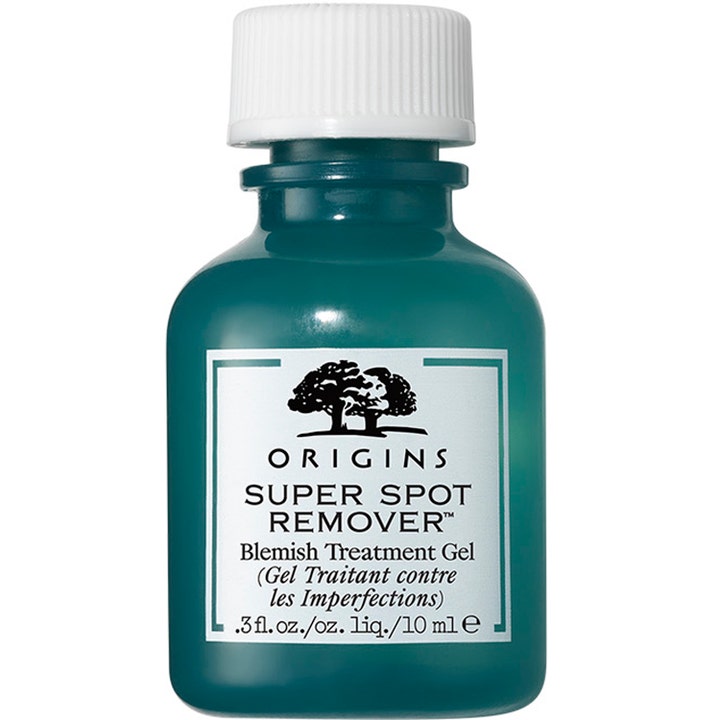 Origins Super Spot Remover 10 ml acnebehandling för fläckborttagning akne i en mörkgrön flaska med vitt skruvlock.