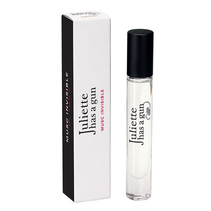 Juliette has a gun Musc Invisible 7,5 ml edp i en smal glasflaska med svart lock bredvid en vit kartong