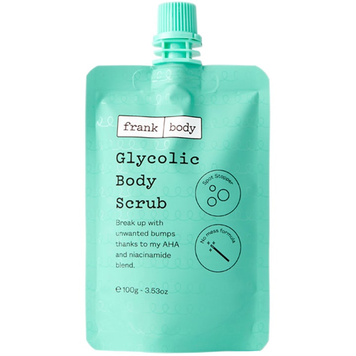 Frank Body Glycolic Body Scrub 100 g exfolierande kroppsskrubb i praktisk mintgrön klämpåse med skruvkork.