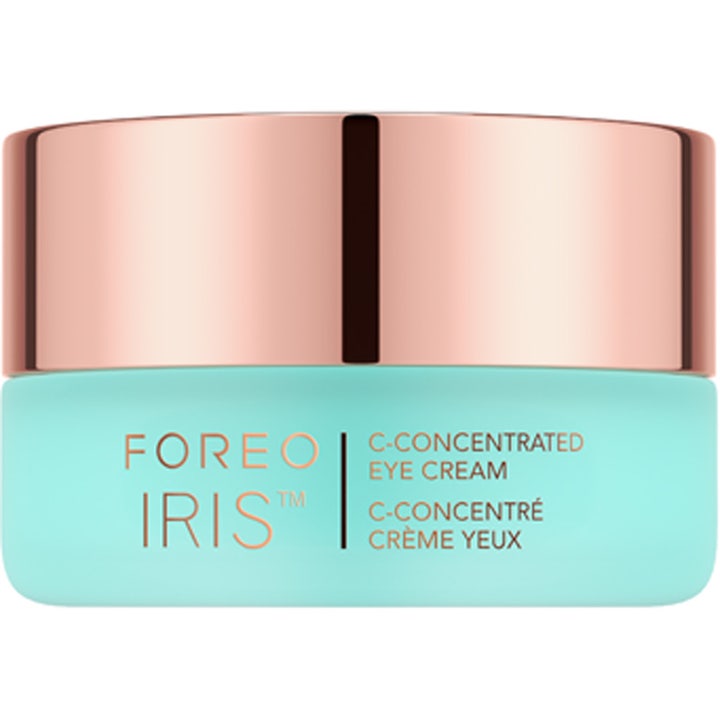 FOREO IRIS C-Concentrated Eye Cream fuktgivande ögonkräm för mörka ringar i ljusblå frostad burk med lock i roséguld.
