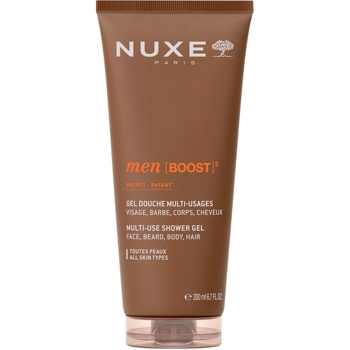 Nuxe Men Boost3 Multi-Use Shower Gel 200 ml rengörande duschgel i en matt brun plasttub med vit text