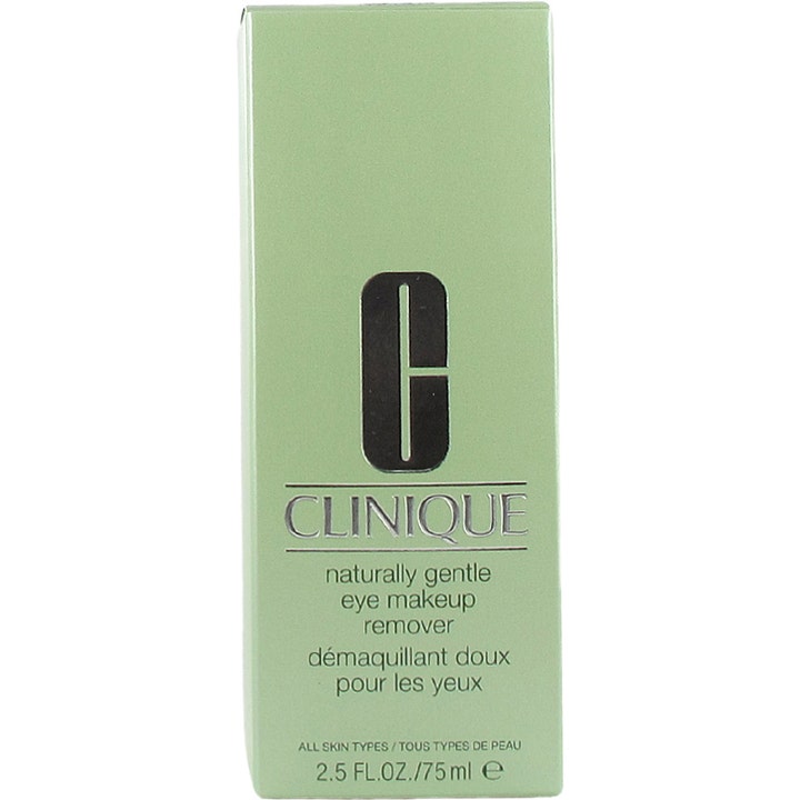 Clinique Naturally Gentle Eye Makeup Remover 75 ml sminkborttagning i en ljust grön pappask med silverlogo.